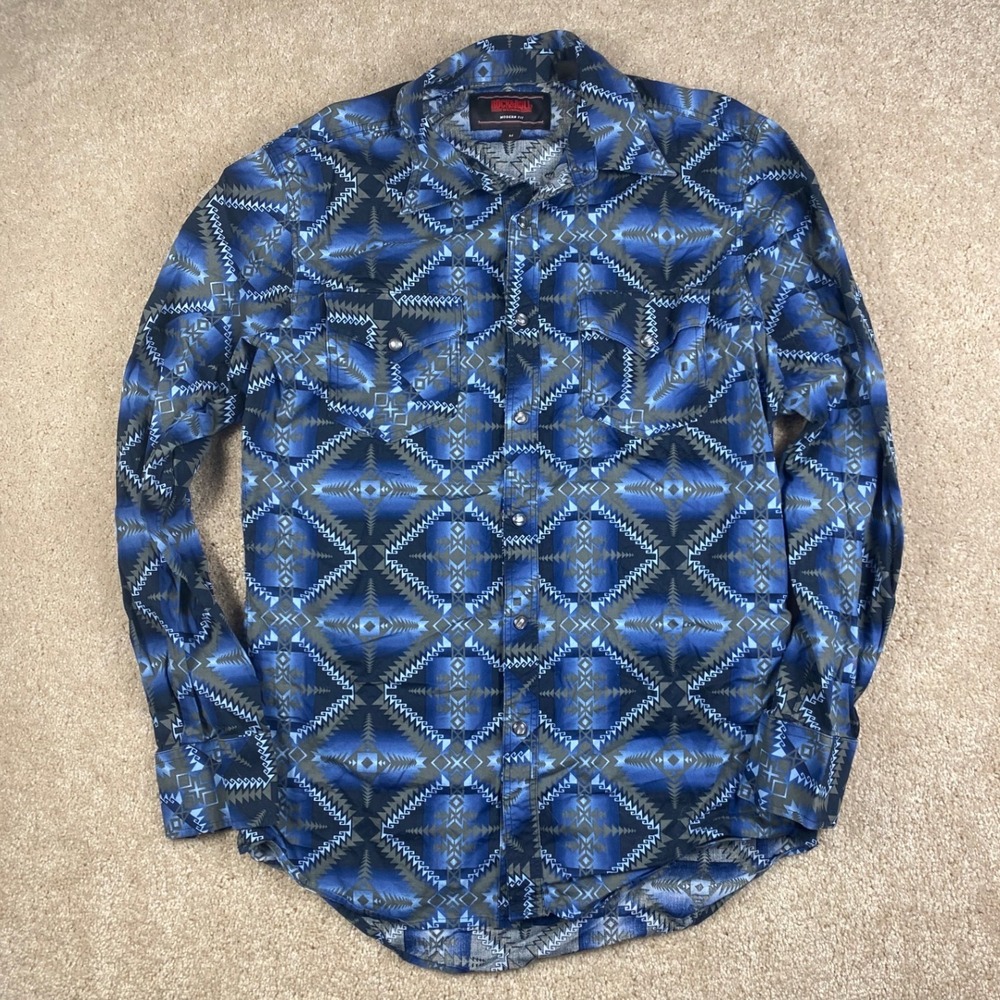 Rock and Roll Denim Mens Blue Aztec Pearl Snap Western Shirt Modern Fit Medium